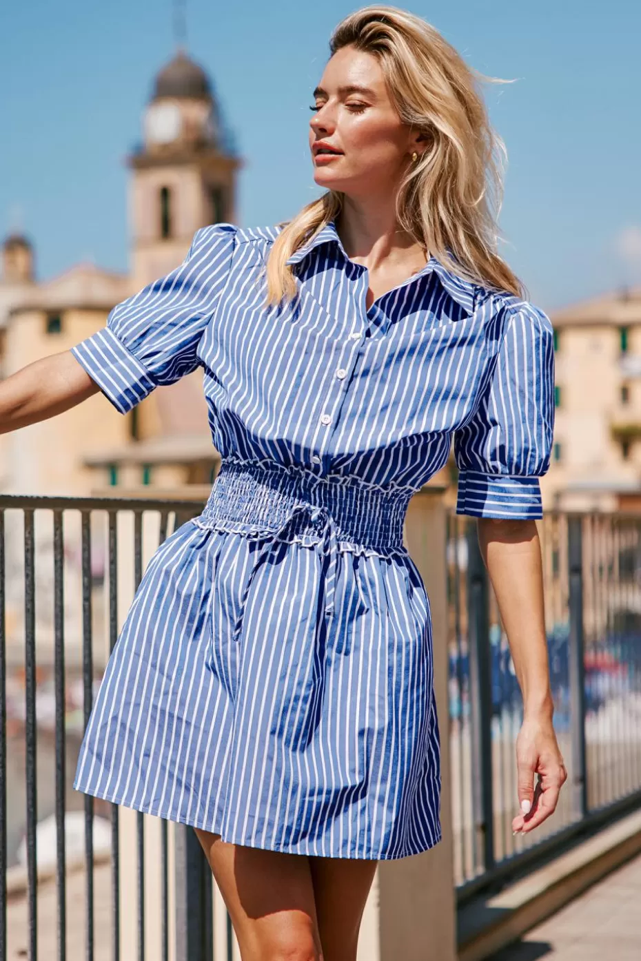 Store Cupshe Stripe Collared Puff Sleeve Mini Dress Blue