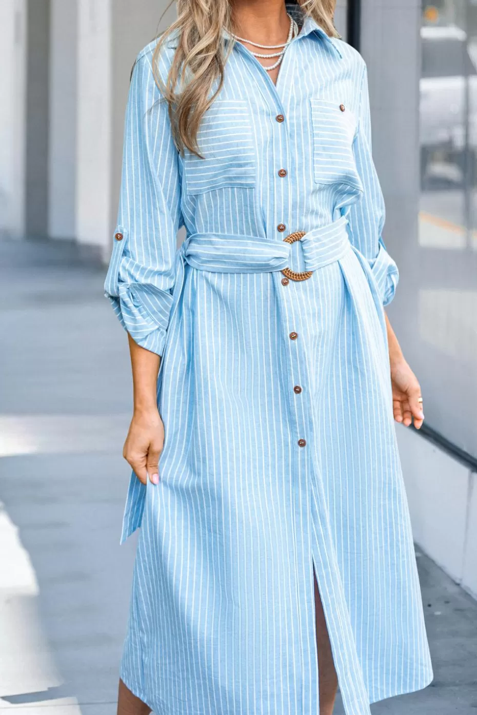 Clearance Cupshe Striped Collared Front Button Midi Shirt Dress Blue