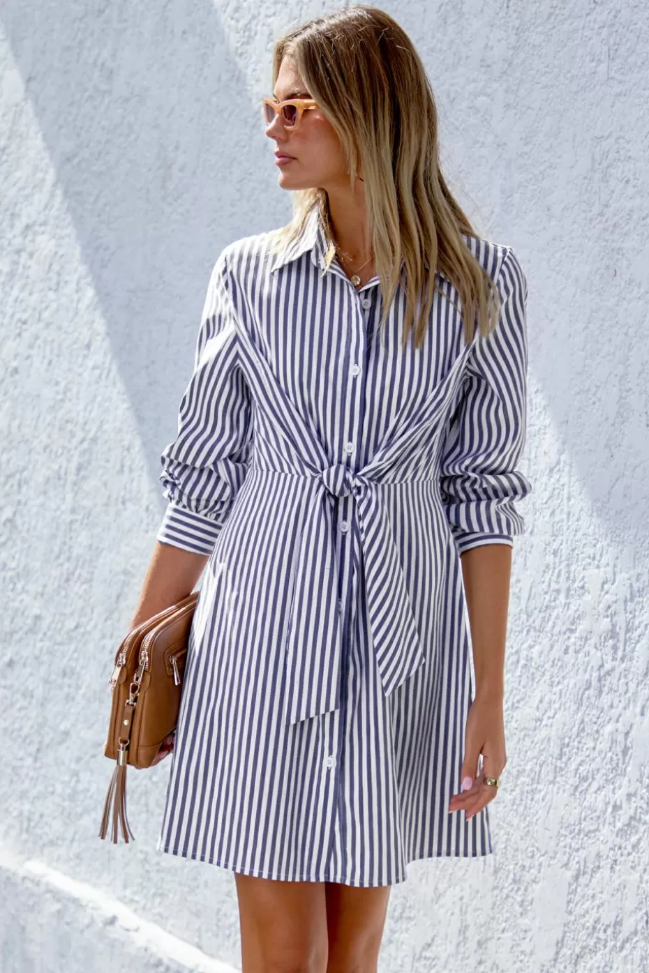 New Cupshe Striped Collared Long Sleeve Mini Shirt Dress Blue