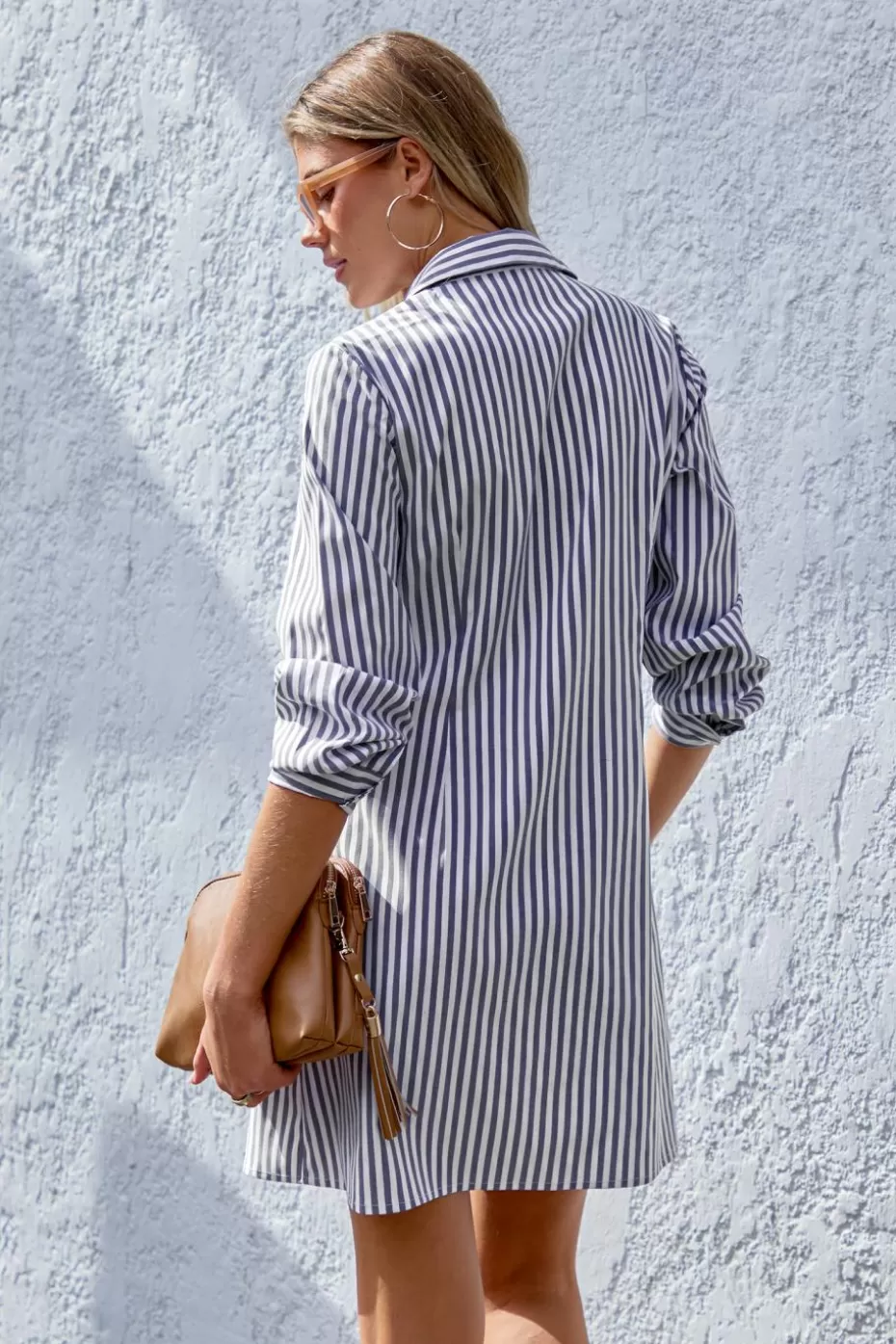 New Cupshe Striped Collared Long Sleeve Mini Shirt Dress Blue