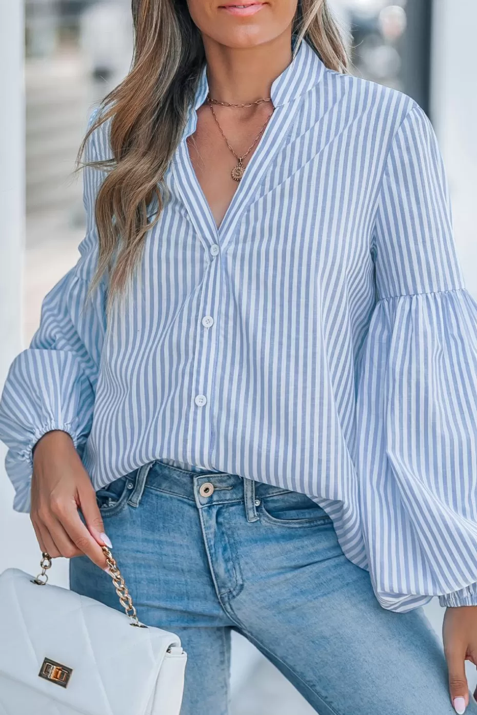 Fashion Cupshe Blue Striped Front Button Puff Sleeve Blouse Sky