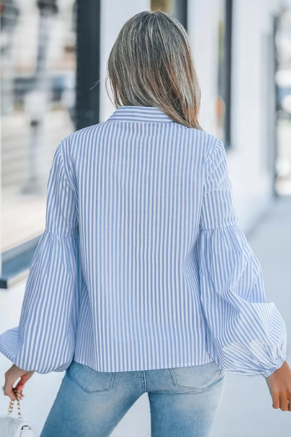 Fashion Cupshe Blue Striped Front Button Puff Sleeve Blouse Sky