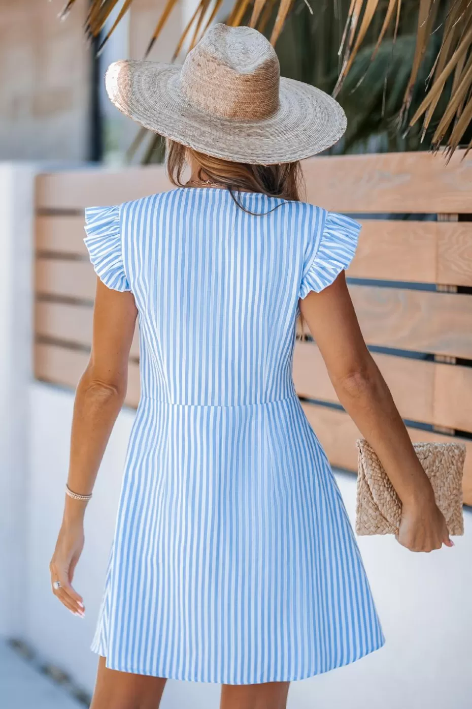 Sale Cupshe Striped V-Neck Flutter Sleeve Mini Dress Blue