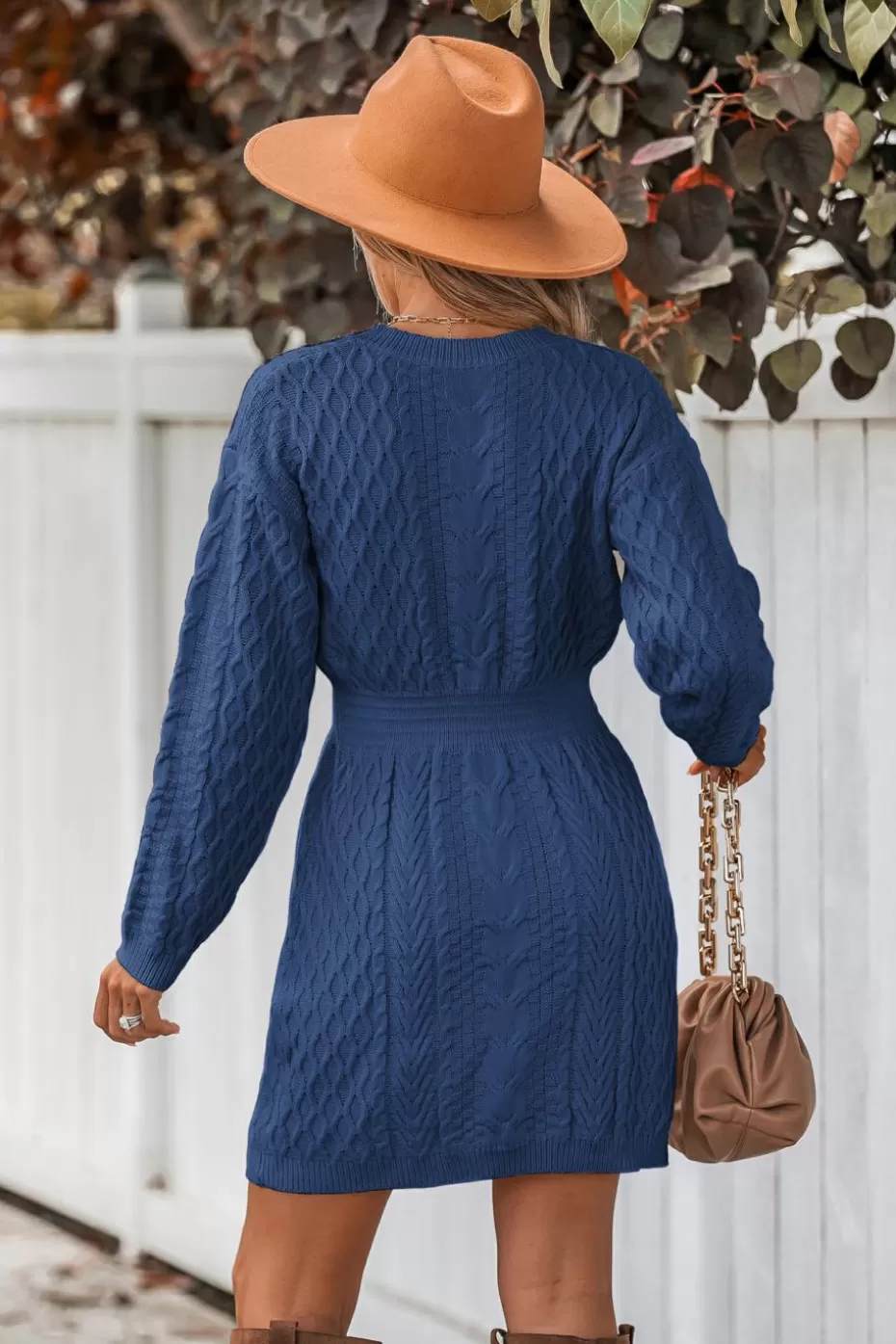 Sale Cupshe V-Neck Long Sleeve Mini Cable Knit Sweater Dress Blue