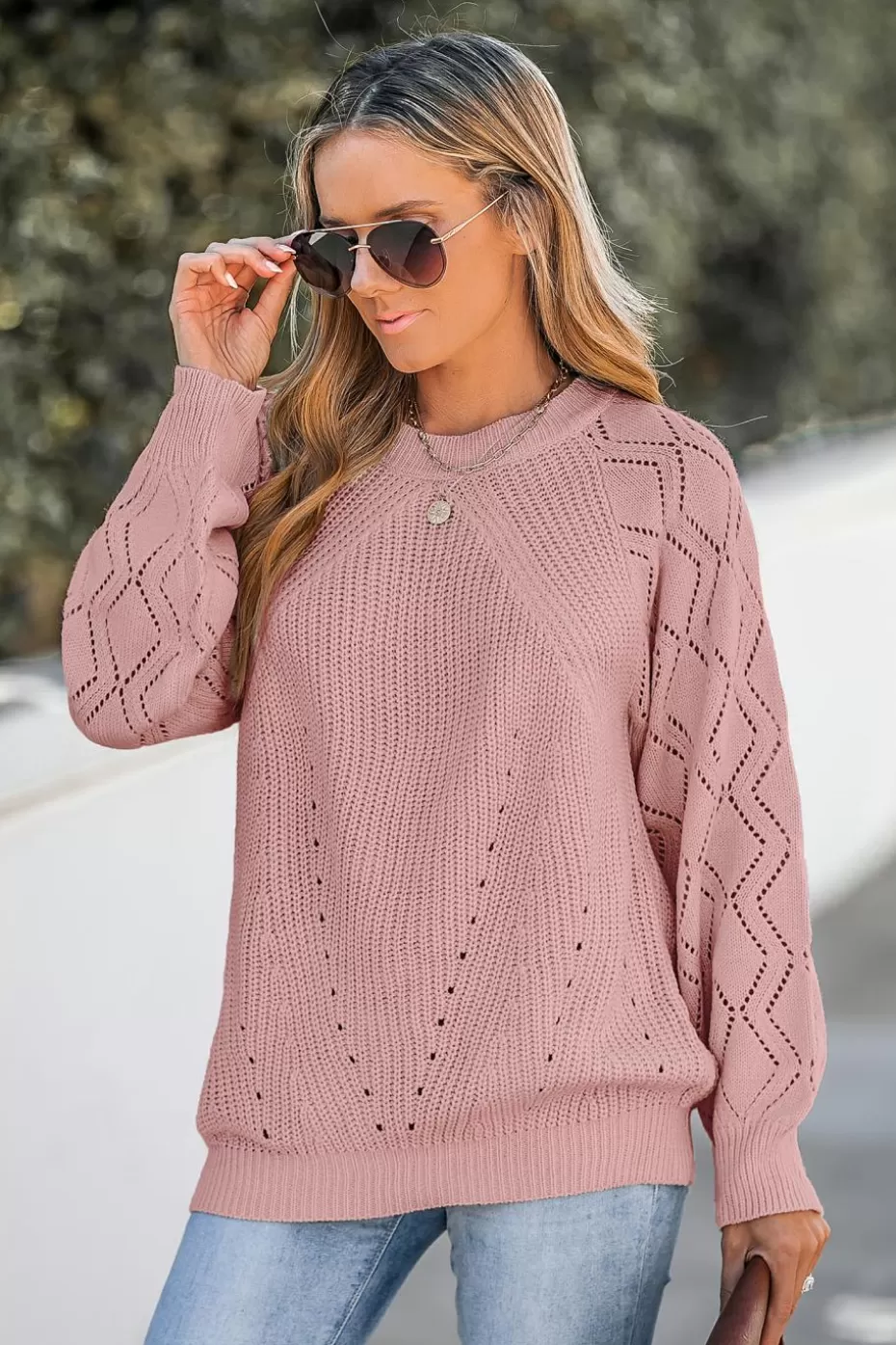 Cheap Cupshe Blush Cutout Pointelle Knit Sweater Pink