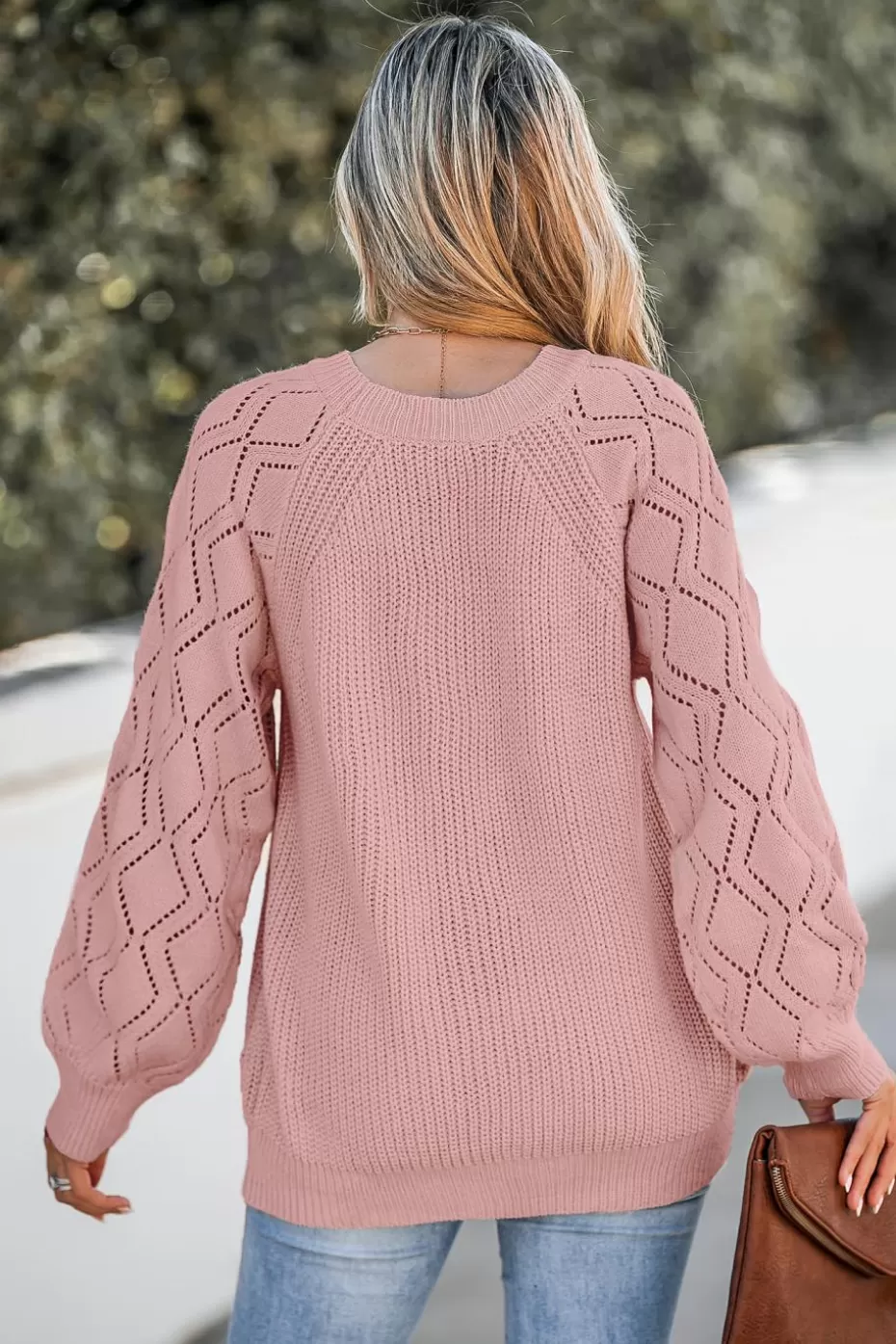 Cheap Cupshe Blush Cutout Pointelle Knit Sweater Pink