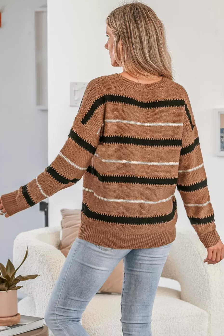 Online Cupshe Bonfire Striped Drop Sleeve Sweater Brown