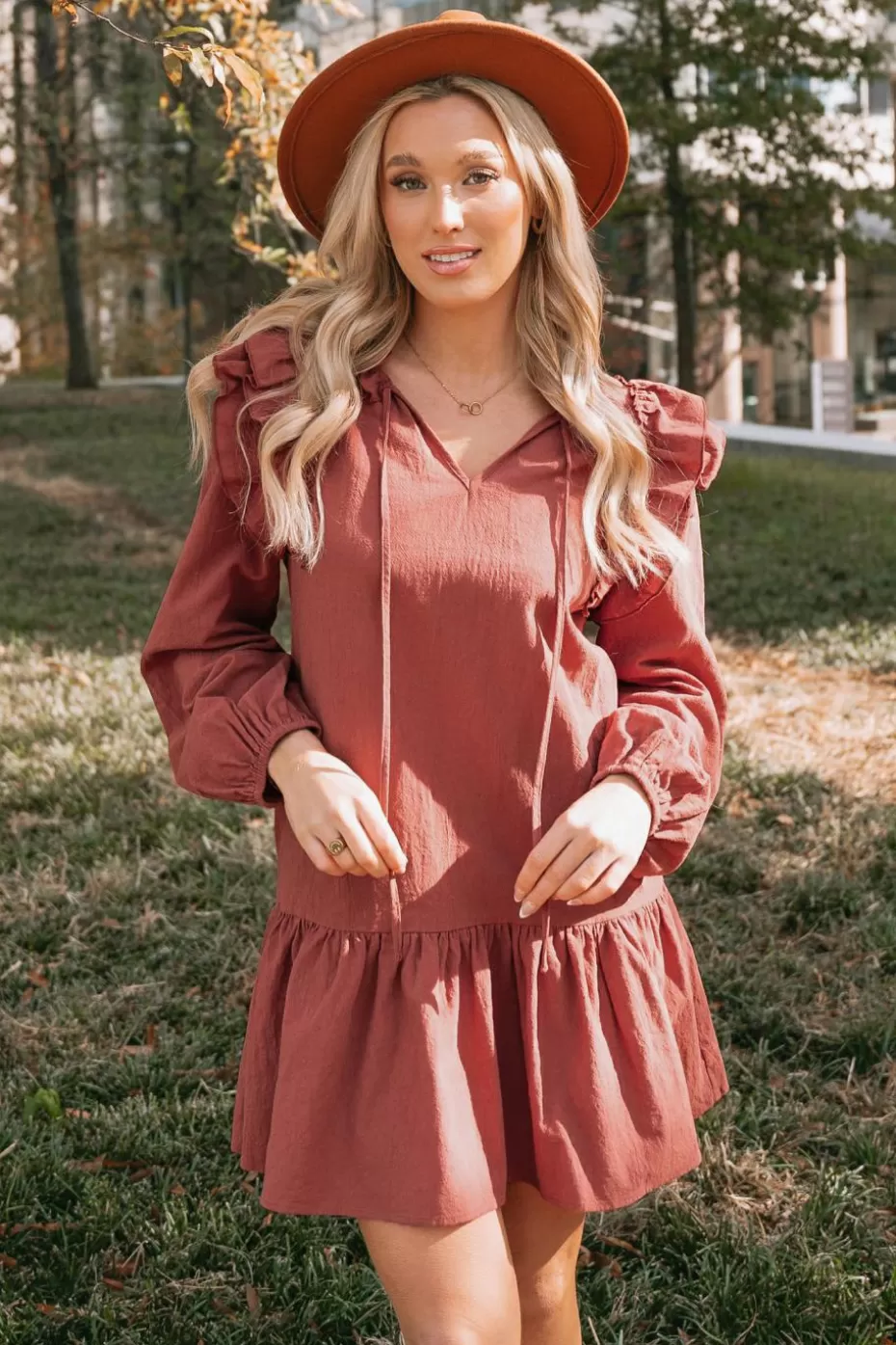 Hot Cupshe Brick Ruffled Drop Waist Dress Brown-Red