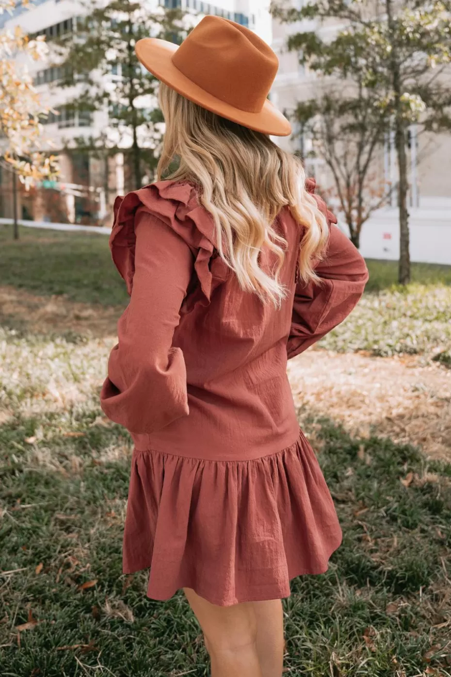 Hot Cupshe Brick Ruffled Drop Waist Dress Brown-Red