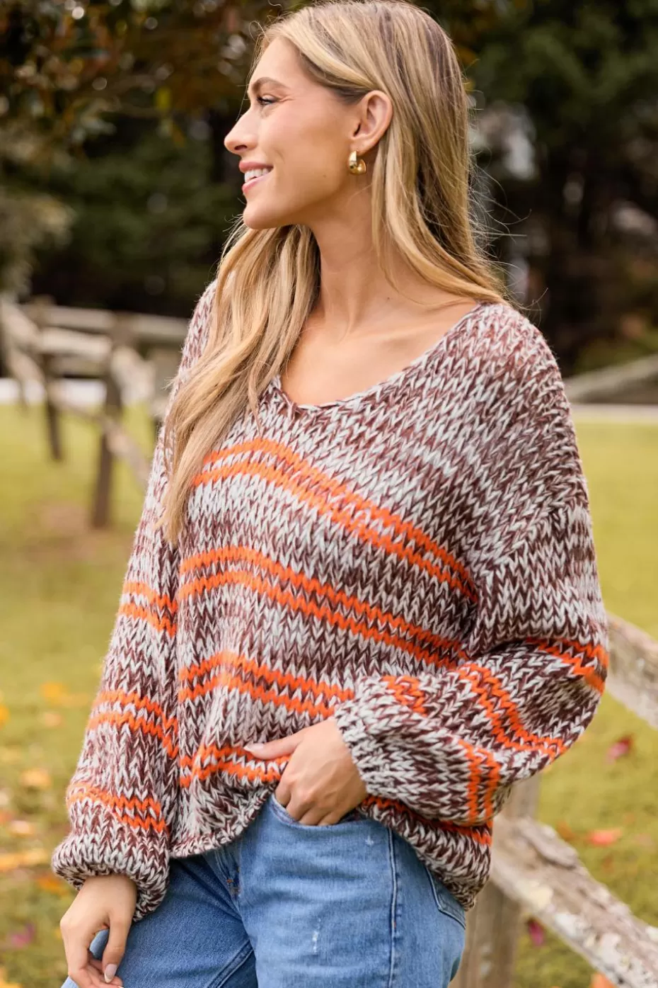 Sale Cupshe & Orange Stripe Long Puff Sleeve Sweater Brown