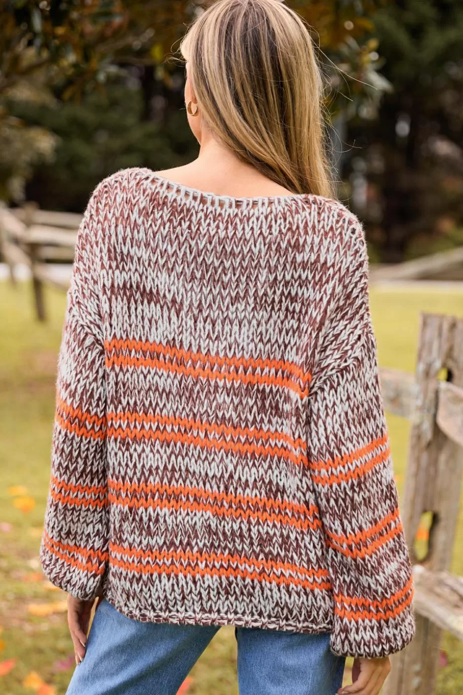 Sale Cupshe & Orange Stripe Long Puff Sleeve Sweater Brown