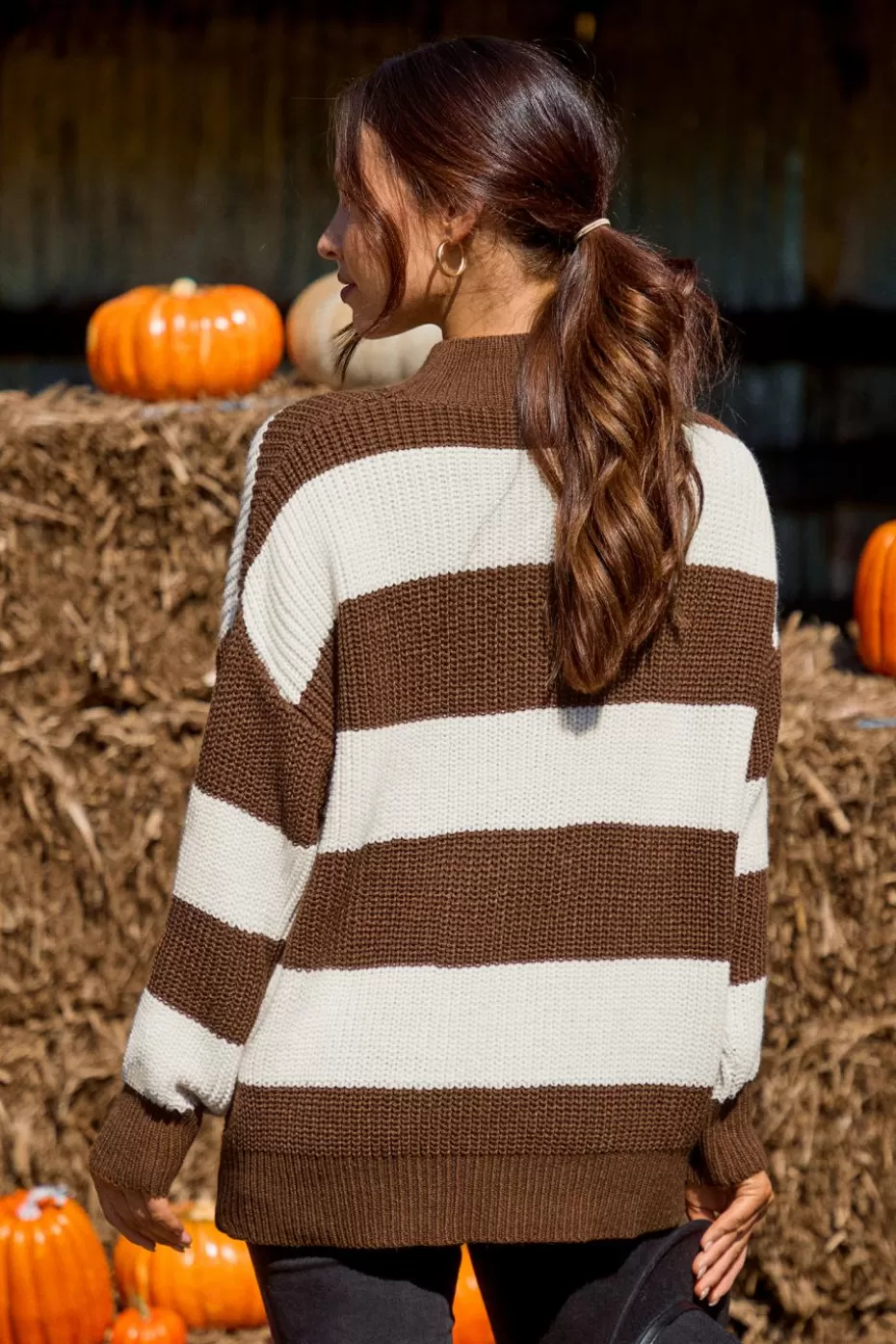 Discount Cupshe & White Stripe High Neck Long Sleeve Sweater Brown