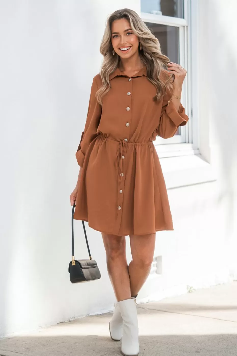 Cheap Cupshe Collared Long Sleeve Mini Dress Brown