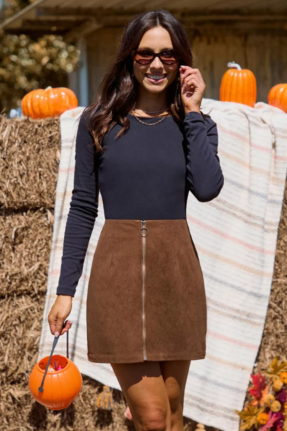 Outlet Cupshe Corduroy Front Zipper Mini Skirt Brown