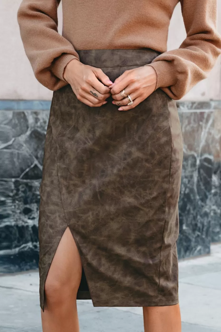 Hot Cupshe Faux Leather Split Hem Midi Skirt Brown