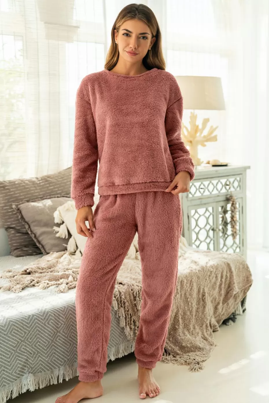 Outlet Cupshe Brown Fuzzy Knit Crewneck & Pants Pajama Set Camel