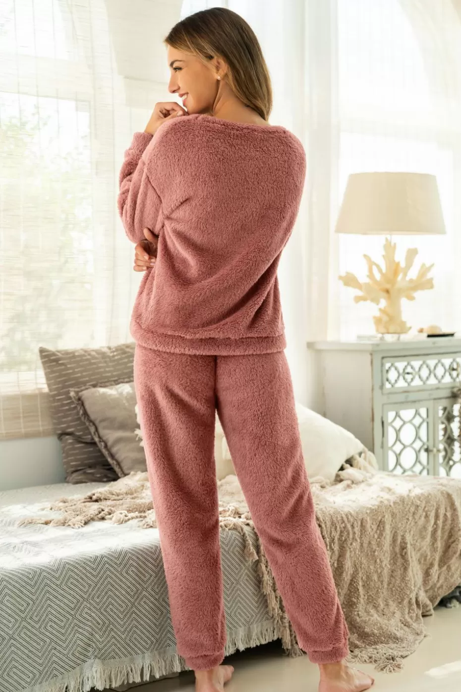 Outlet Cupshe Brown Fuzzy Knit Crewneck & Pants Pajama Set Camel