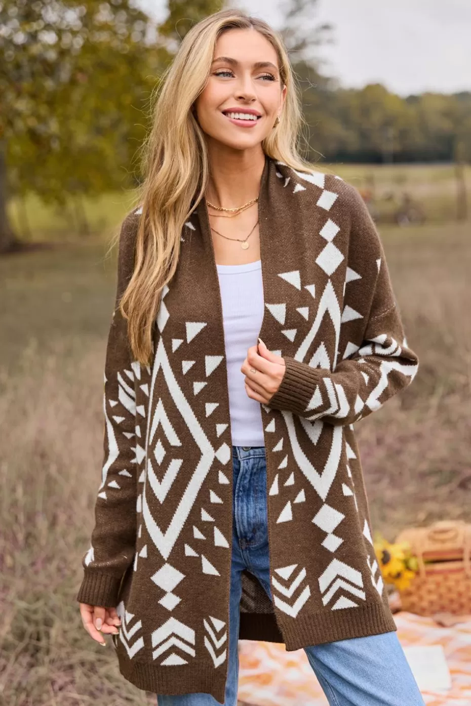 Outlet Cupshe Geo Open Front Long Sleeve Knit Duster Brown