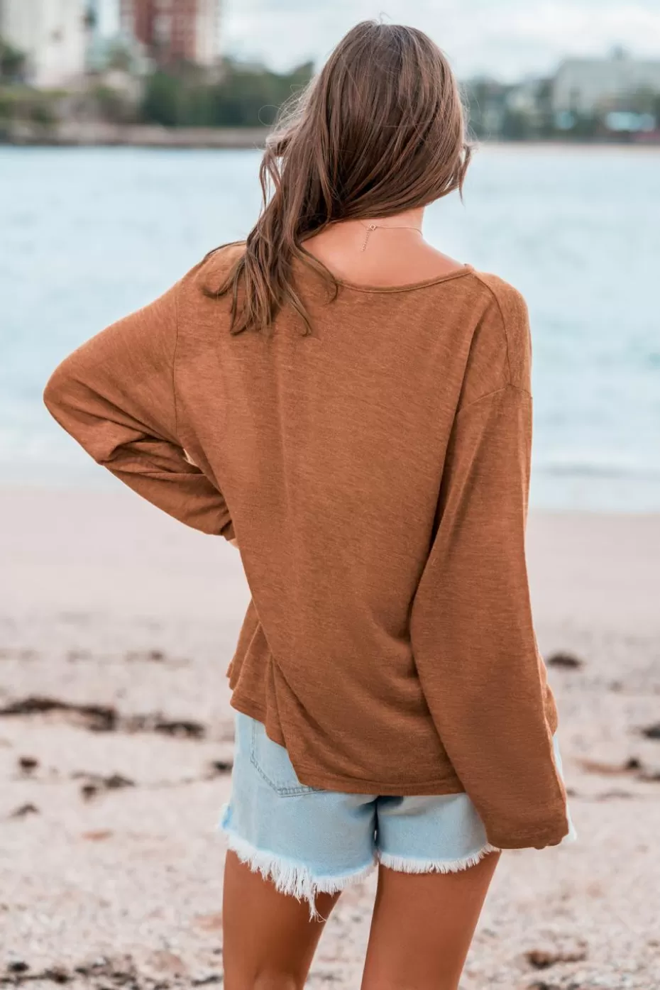 Fashion Cupshe Long Sleeve Jersey Cover-Up Tee Brown