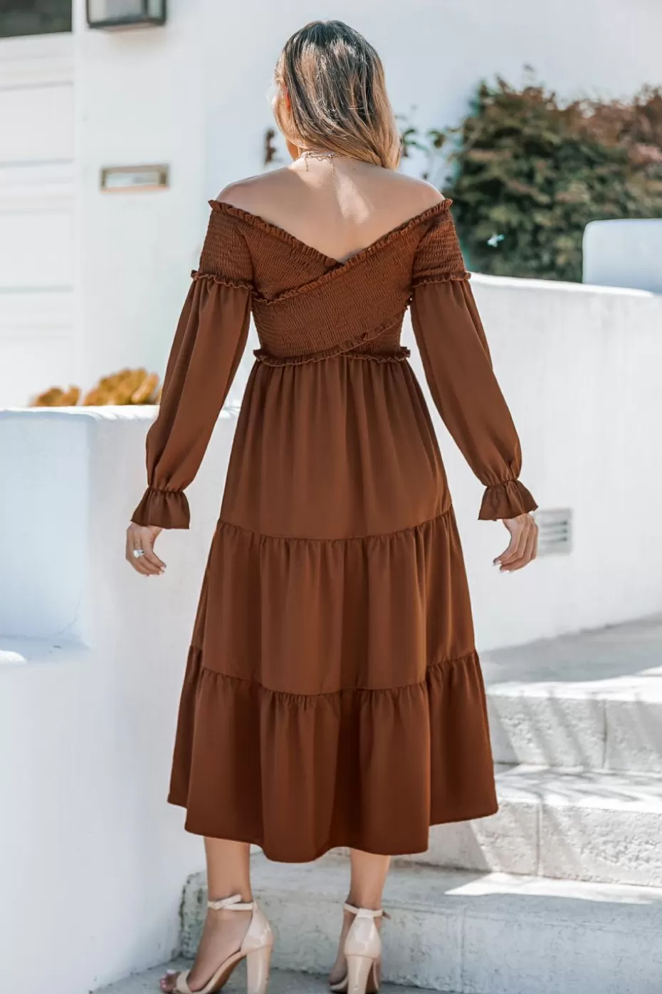 Hot Cupshe Off-Shoulder Smocked Bodice Poet Sleeve Midi Dress Brown