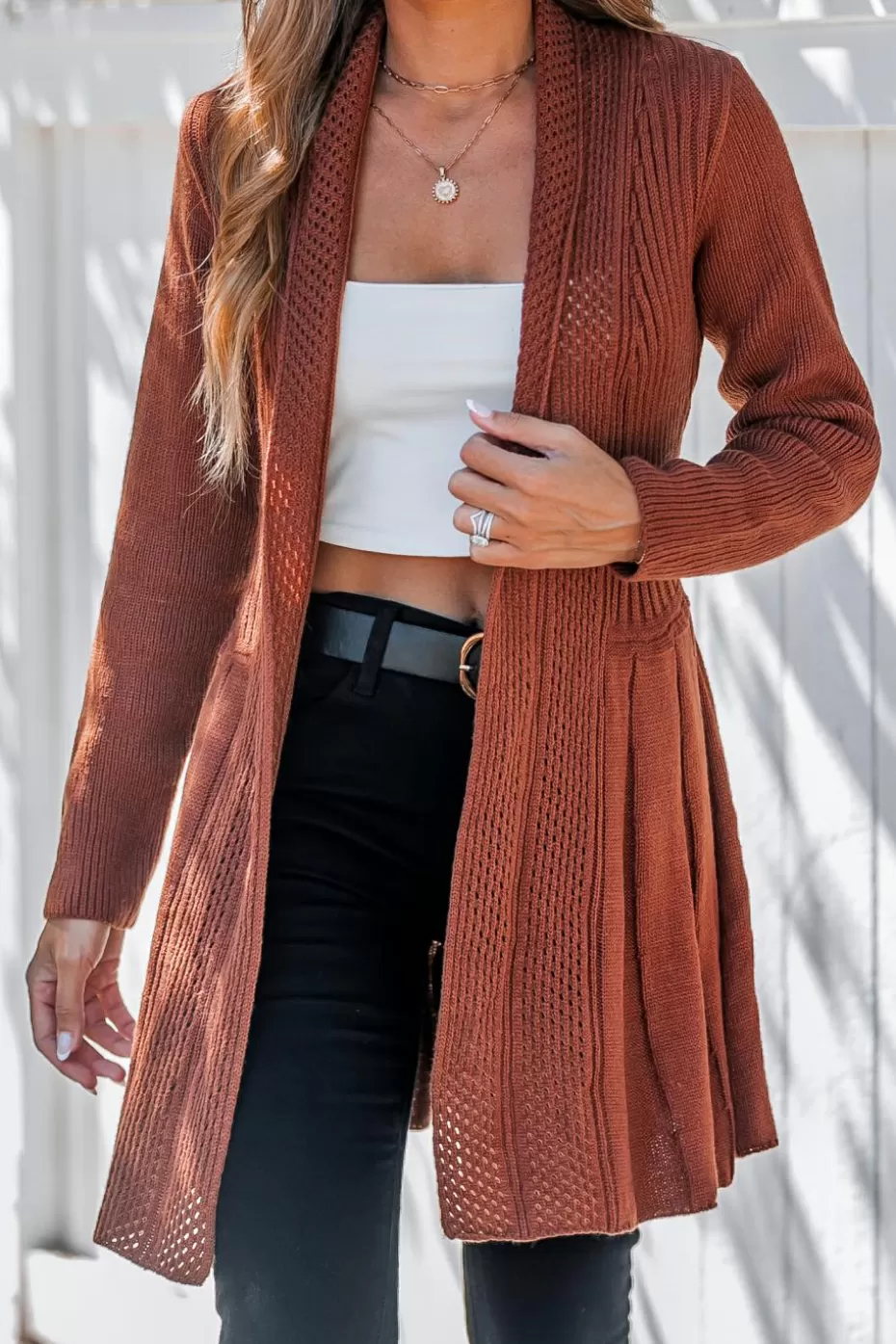 Fashion Cupshe Open Front Long Sleeve Pleated Back Longline Cardigan Brown