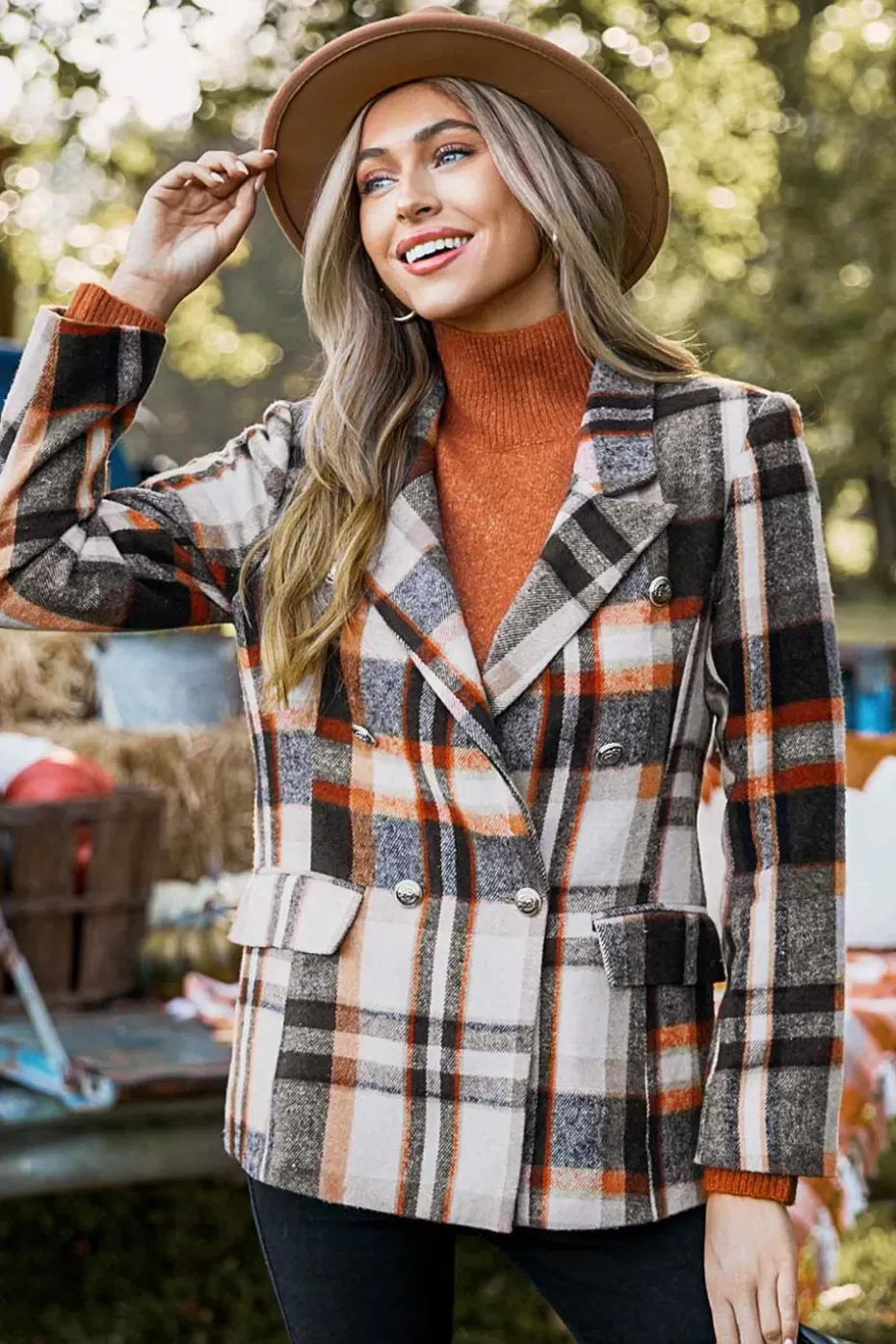 Store Cupshe Plaid Double-Breasted Blazer Brown