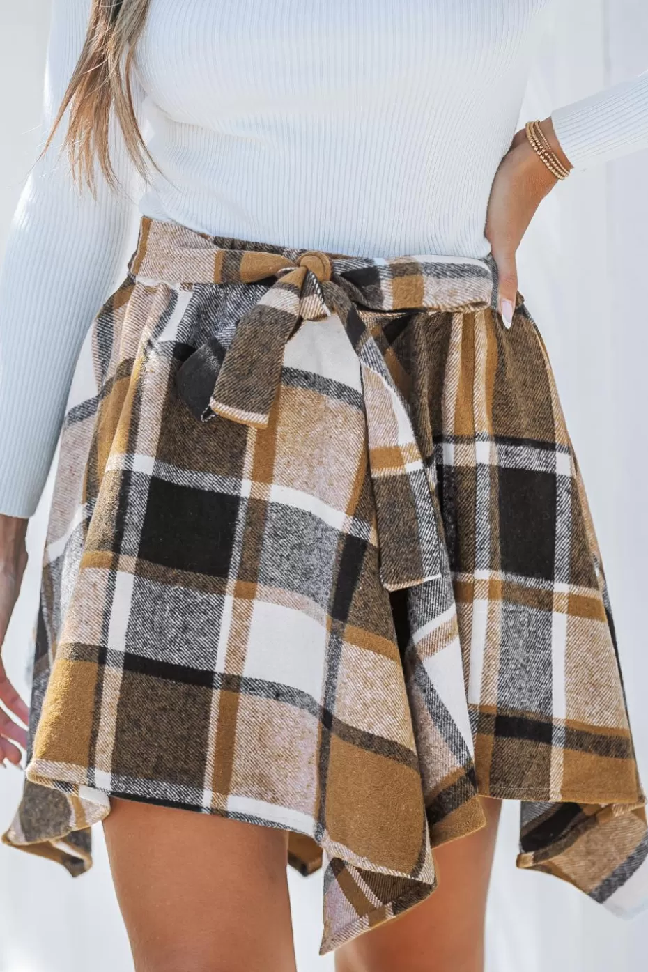 Cheap Cupshe Plaid Handkerchief Hem Skirt Brown