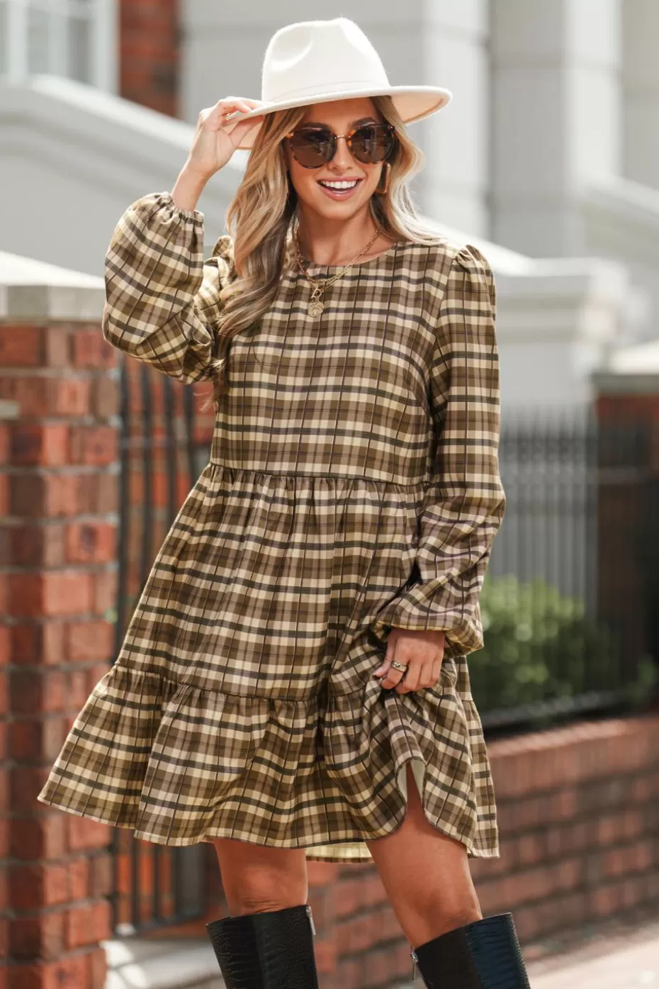 Hot Cupshe Plaid Round Neck Long Sleeve Mini Dress Brown