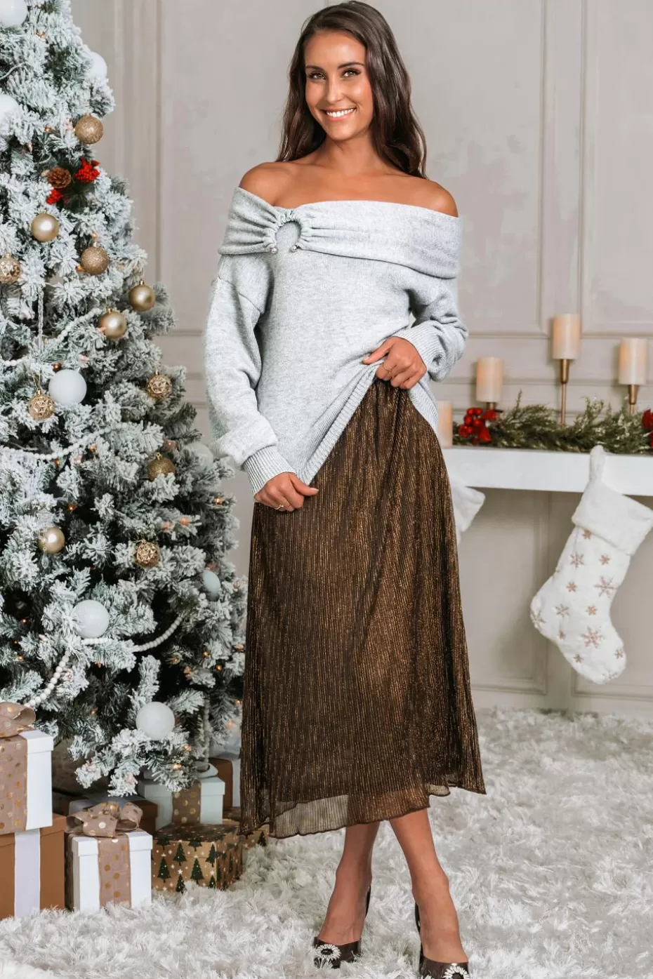 Hot Cupshe Pleated Midi Skirt Brown