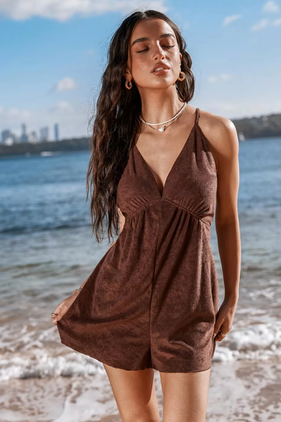 Shop Cupshe Plunging Wide Leg Jersey Romper Brown