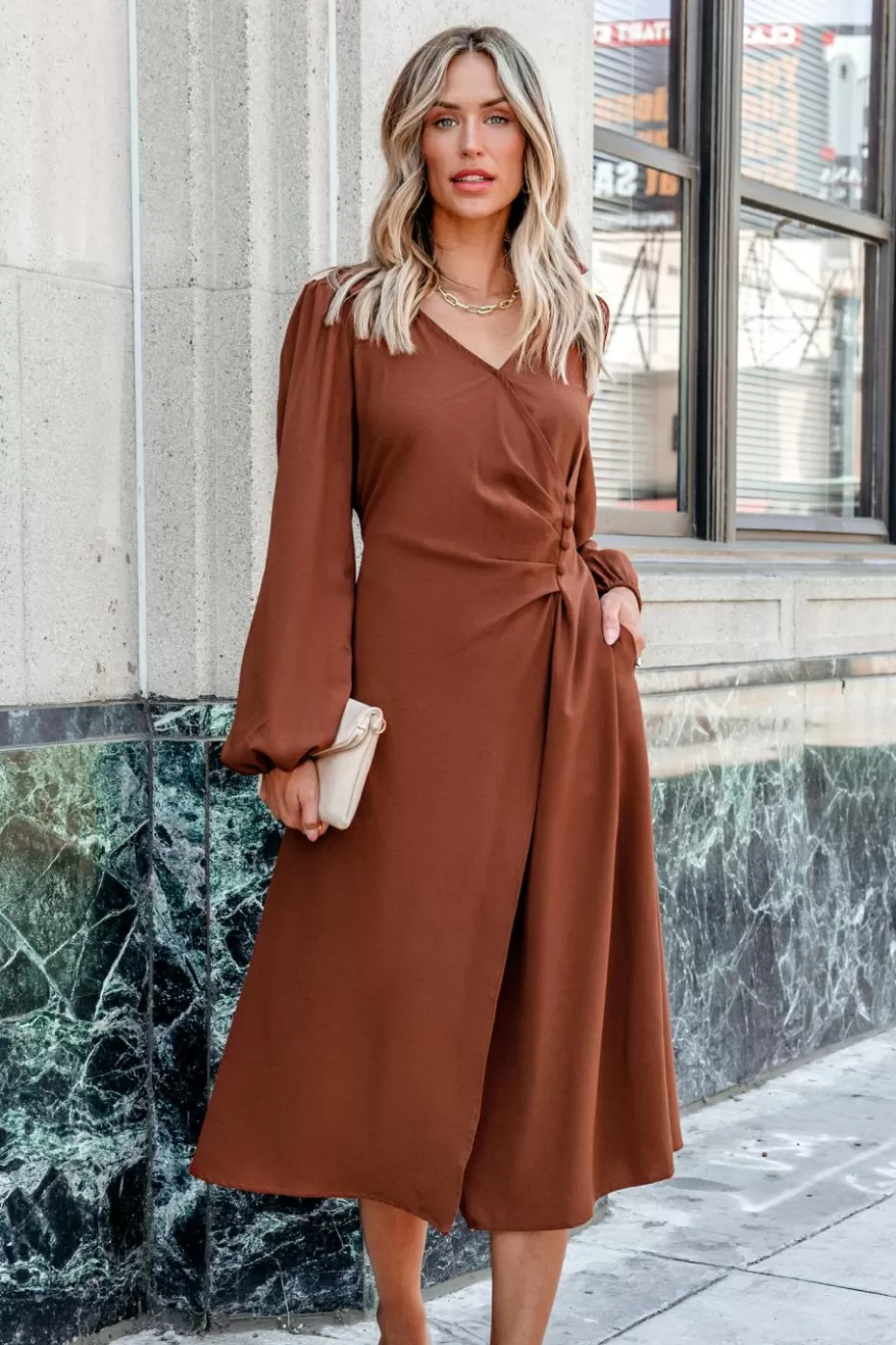 Cheap Cupshe Puff Sleeve Midi Dress Brown