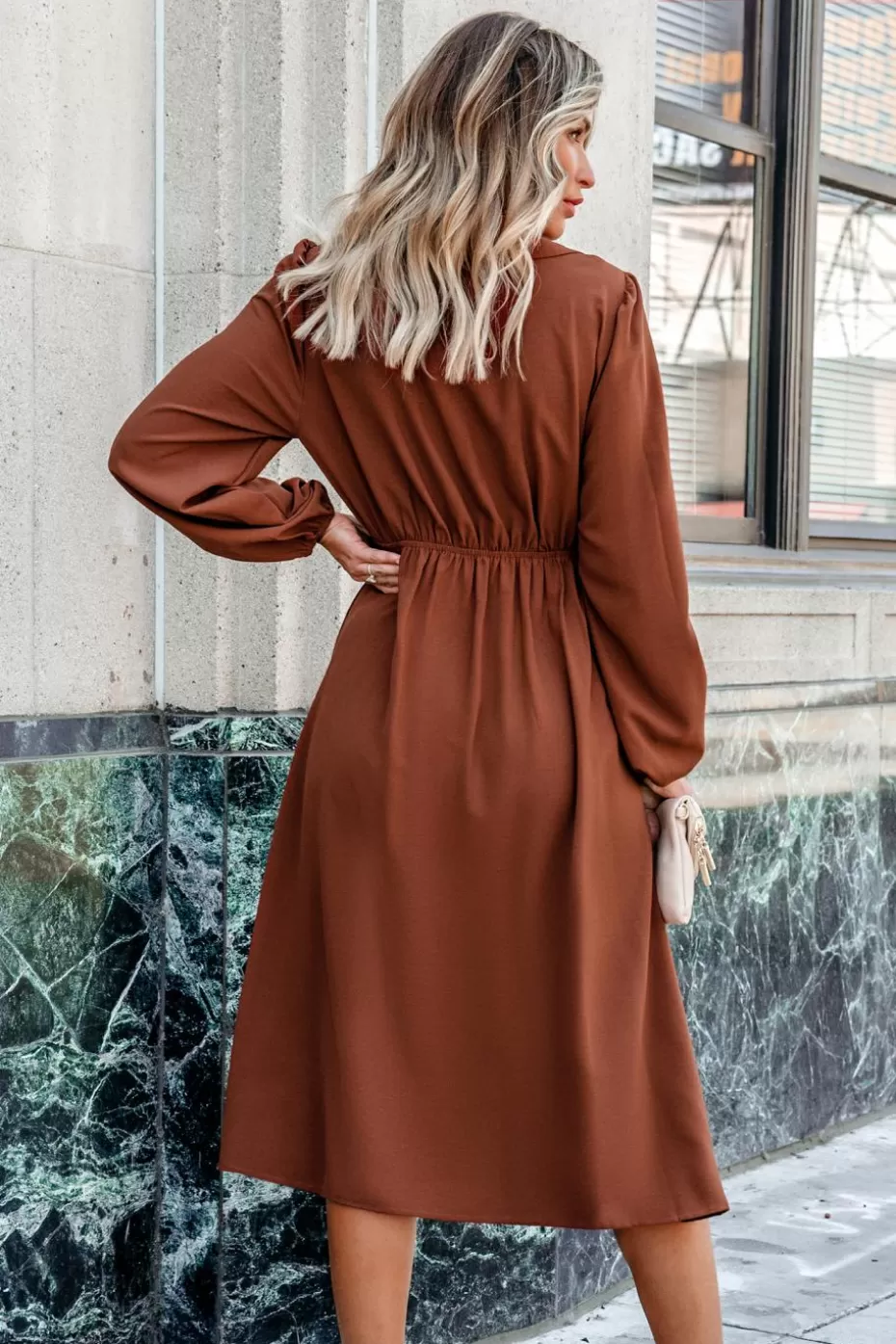 Cheap Cupshe Puff Sleeve Midi Dress Brown