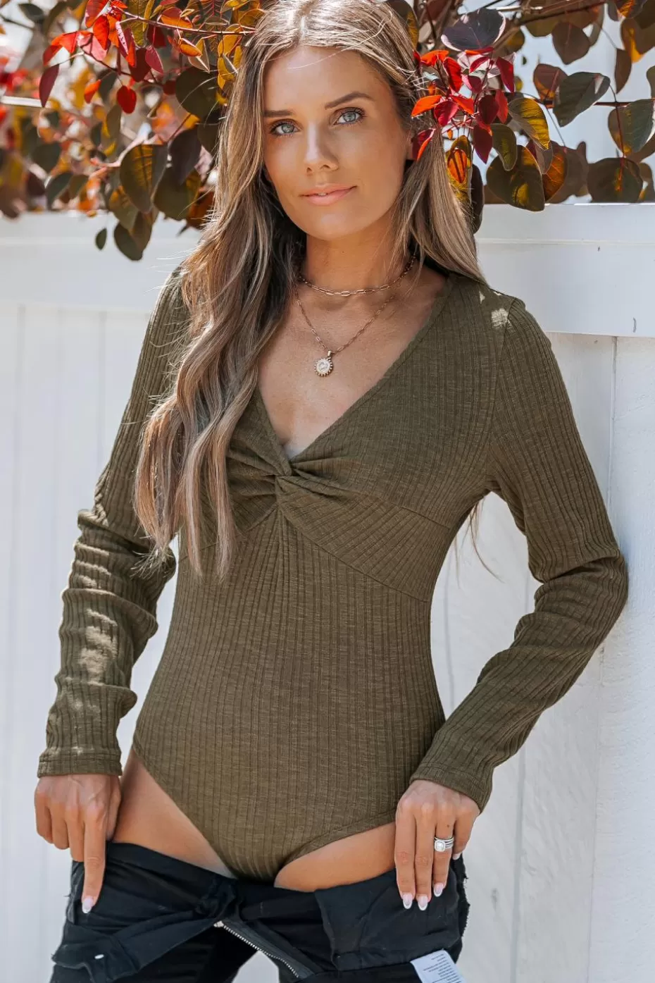 Shop Cupshe Ribbed Knit Plunging Twist Bodysuit Brown