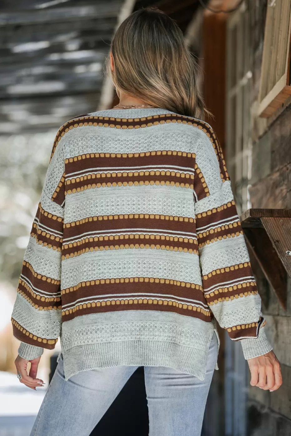 Discount Cupshe Brown Striped Drop Shoulder Long Sleeve Sweater Coffee/Espresso/Tobacco