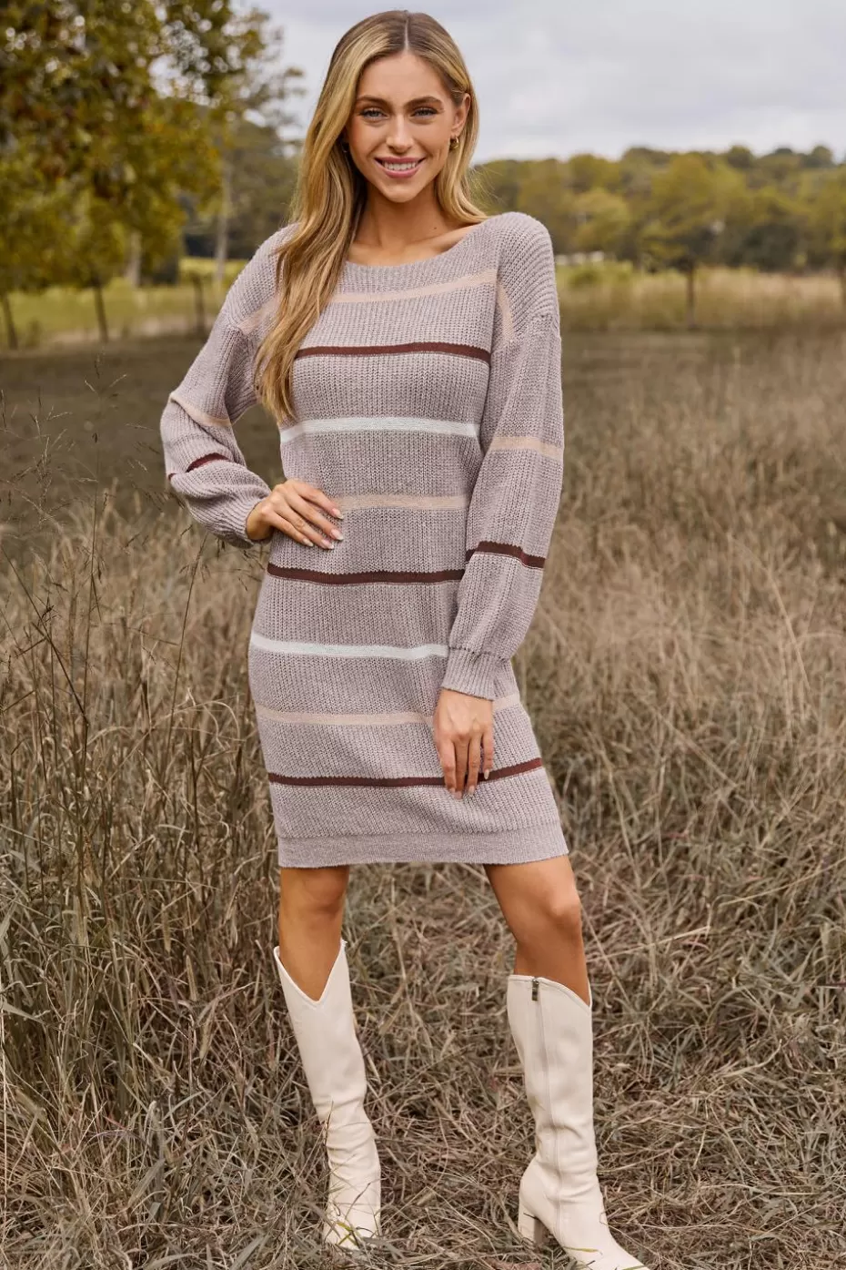 Shop Cupshe Brown Striped Long Sleeve Mini Sweater Dress Light Brown