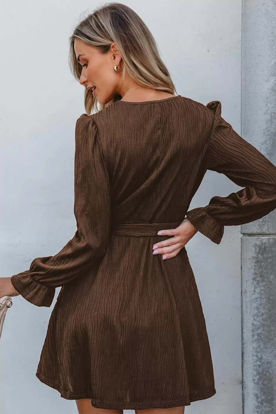 Hot Cupshe Surplice Blouson Sleeve Mini Dress Brown