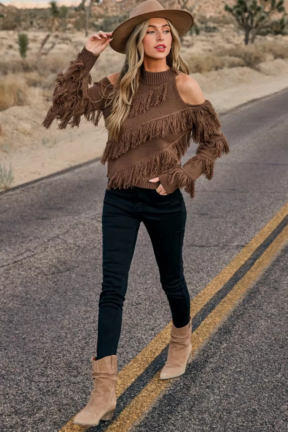 Sale Cupshe Brown Turtleneck Fringe Sweater Coffee/Espresso/Tobacco