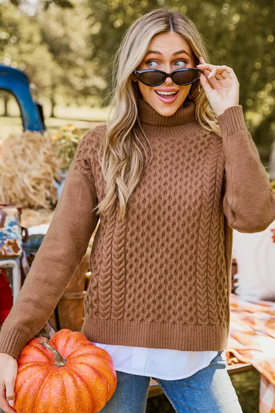 Hot Cupshe Turtleneck Long Sleeve Sweater Brown