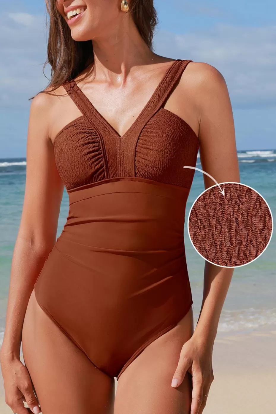 Flash Sale Cupshe V-Neck Tummy Control One-Piece Brown