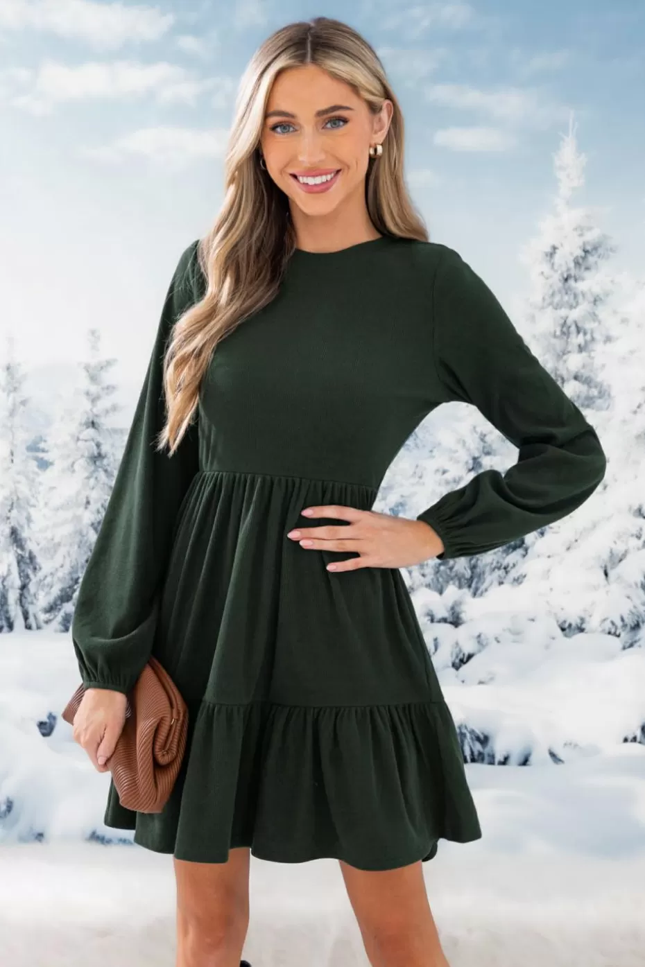 Discount Cupshe Bubble Sleeve Round Neck Dress Green