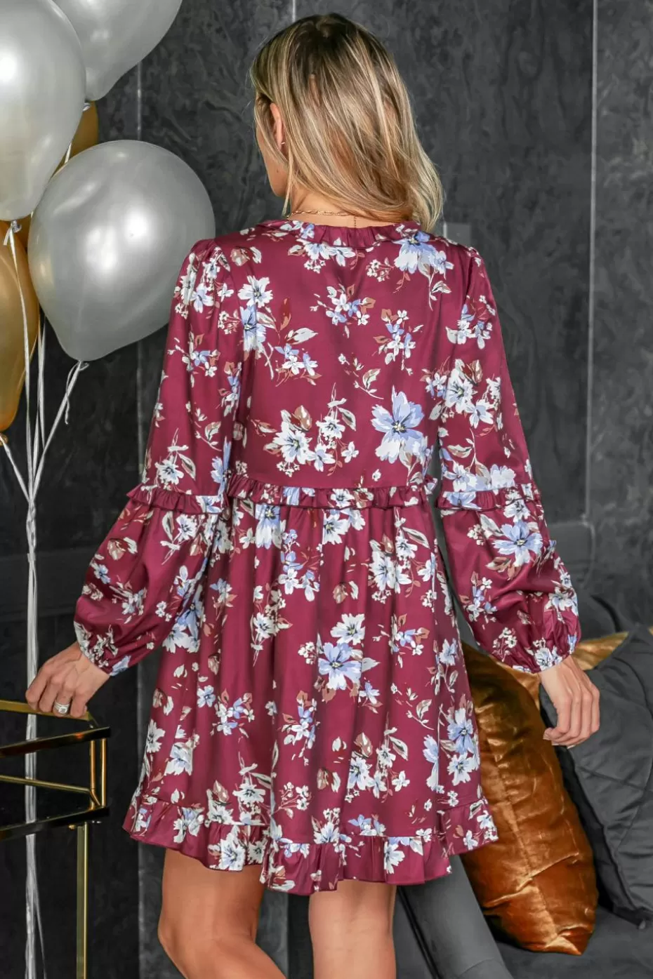 Fashion Cupshe Burgundy Floral Blouson Sleeve Dress Maroon