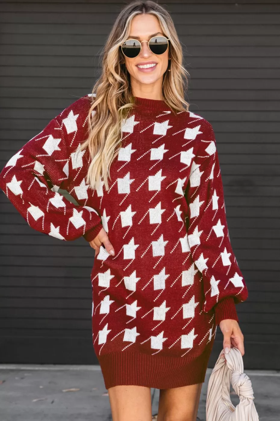 Best Cupshe Burgundy Houndstooth Mini Sweater Dress Red