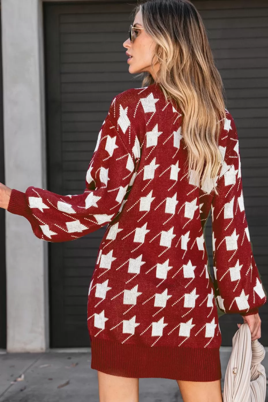 Best Cupshe Burgundy Houndstooth Mini Sweater Dress Red