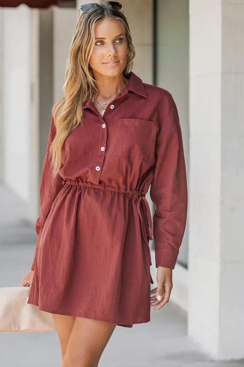 Sale Cupshe Burgundy Maroon Button-Front Mini Shirt Dress Burgandy