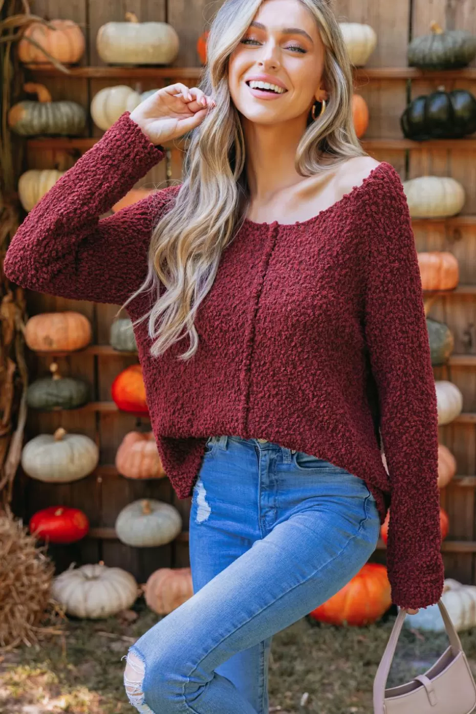 Shop Cupshe Popcorn Knit Sweater Burgundy