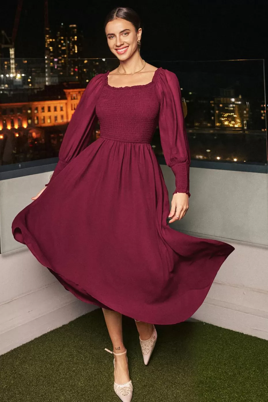 Fashion Cupshe Burgundy Square Neck Sheer Sleeve Midi Dress Red