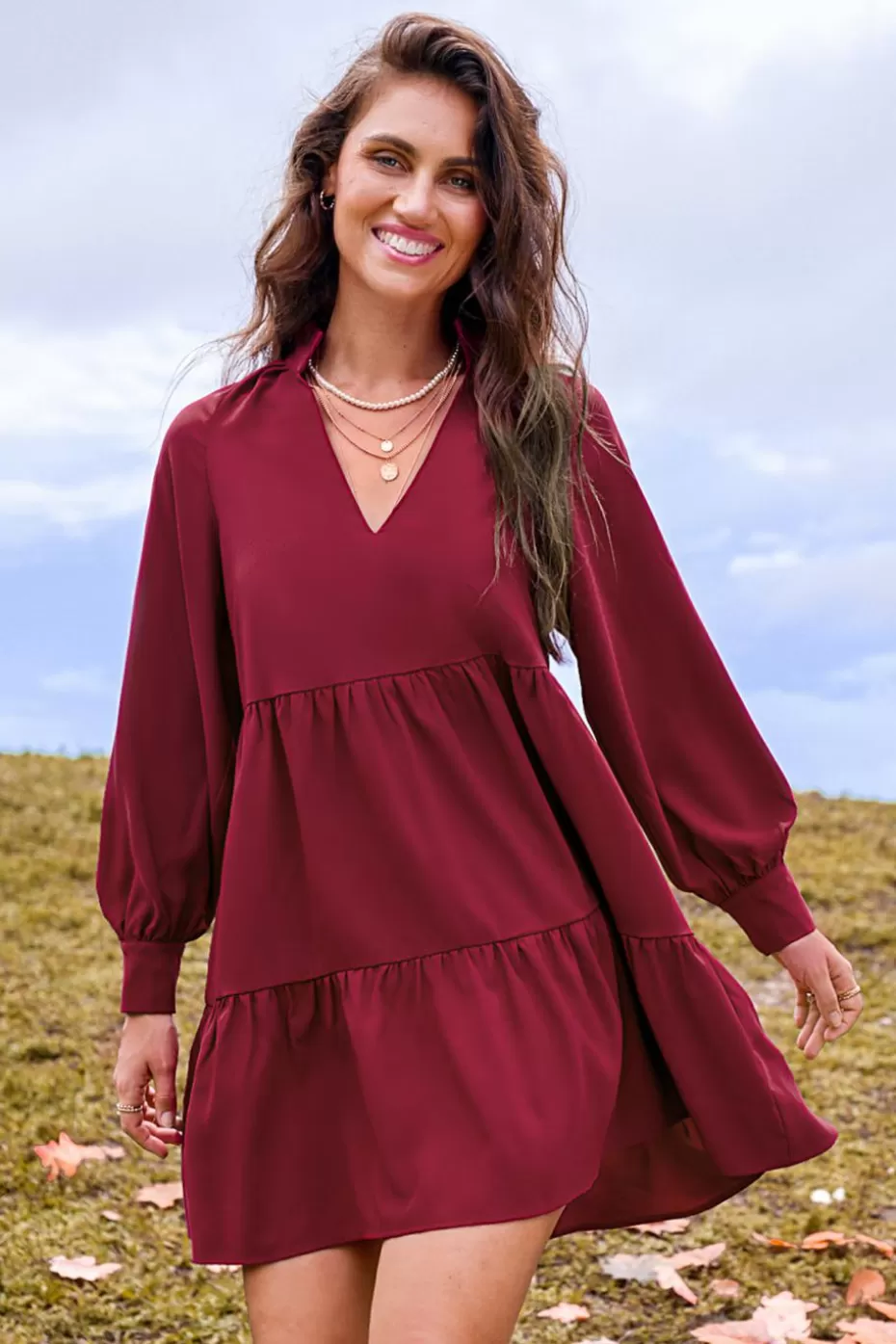 Best Sale Cupshe Burgundy Standing Collar V-Neck Long Sleeve Mini Dress Red