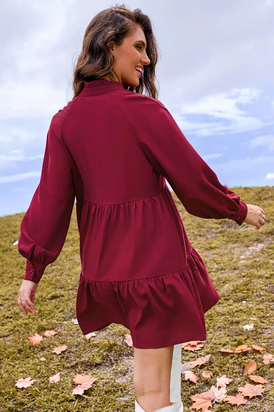 Best Sale Cupshe Burgundy Standing Collar V-Neck Long Sleeve Mini Dress Red