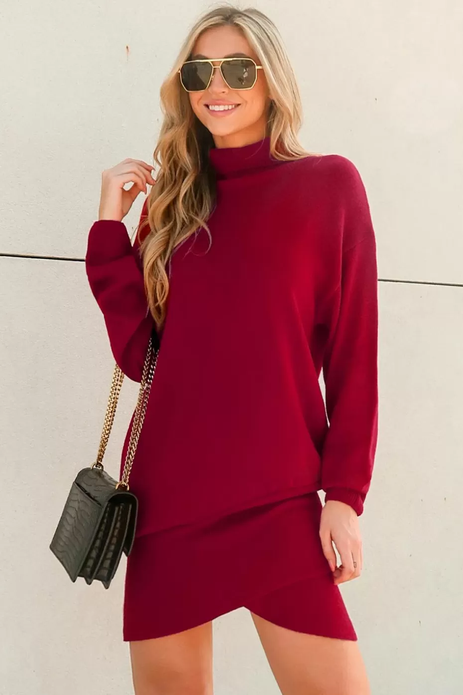 Cheap Cupshe Burgundy Turtleneck Mini Sweater Dress Red