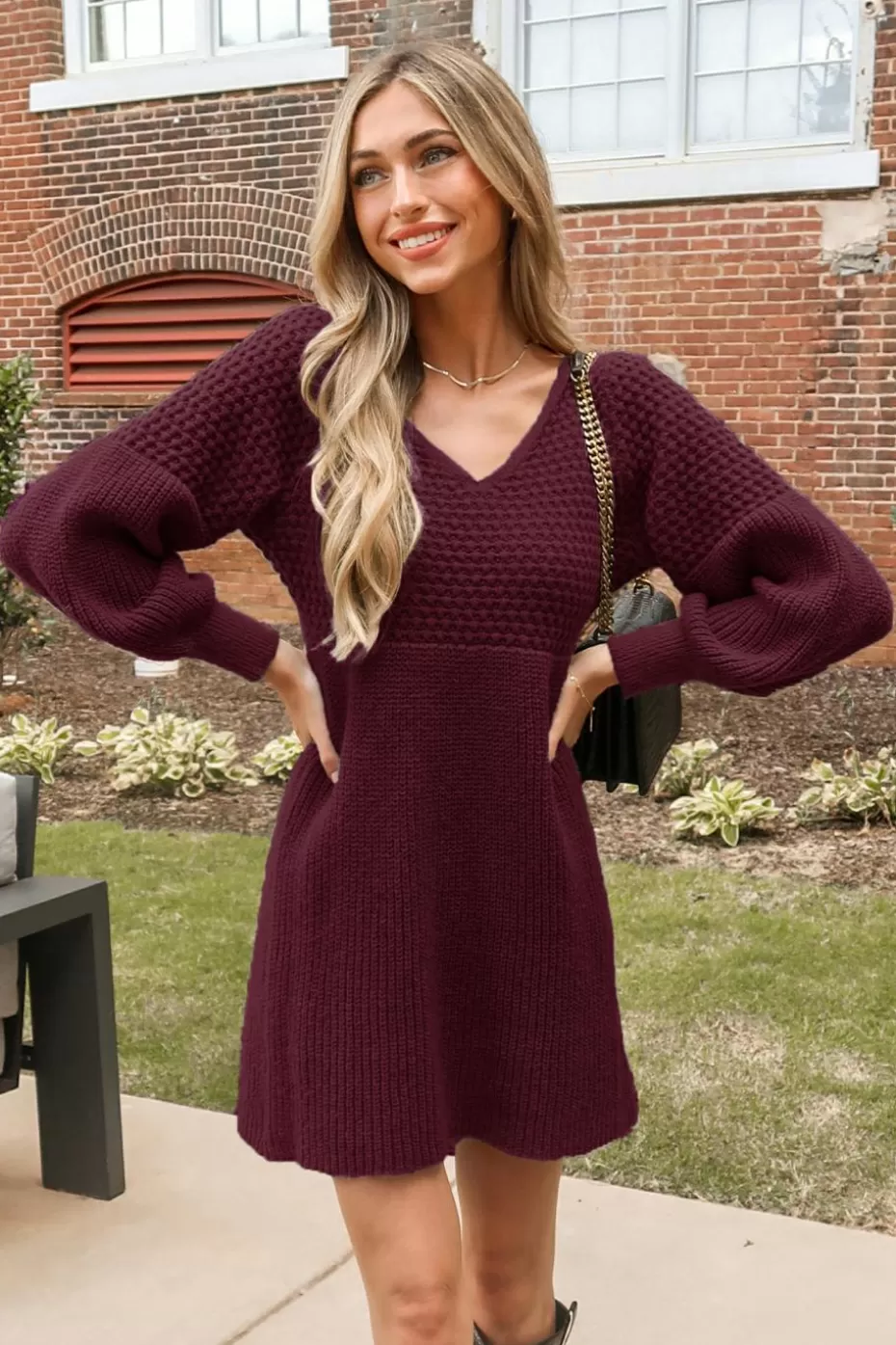 Fashion Cupshe Burgundy V-Neck Gigot Sleeve Sweater Dress Burgandy